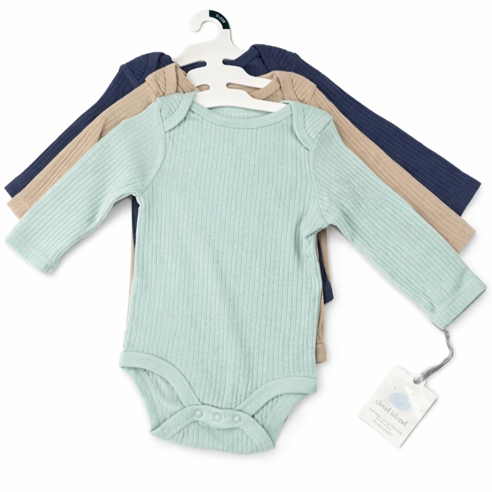 Cloud Island Baby Bodysuits 0–3 Months | 3-Pack Ribbed Cotton Long Sleeve | New - Picture 1 of 4
